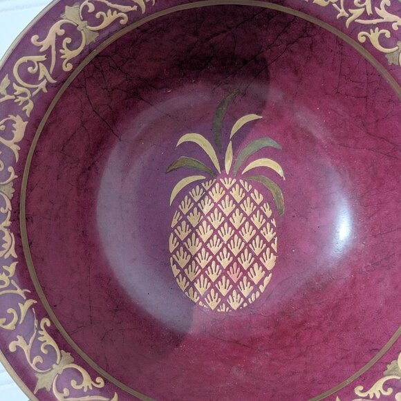 Andrea by Sadek Decorative Pineapple Bowl Gold and Maroon Embossed Scroll Trim - Picture 7 of 12